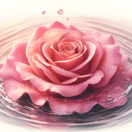 Beautiful pink rose with water drops on the surface of the waterの素材