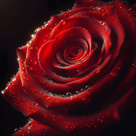 Beautiful red rose with water drops on black background, closeupの素材