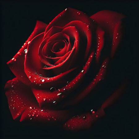 Red rose with water drops on black background. Valentines day backgroundの素材