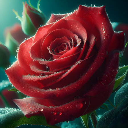 Beautiful red rose with dew drops on a dark background.の素材