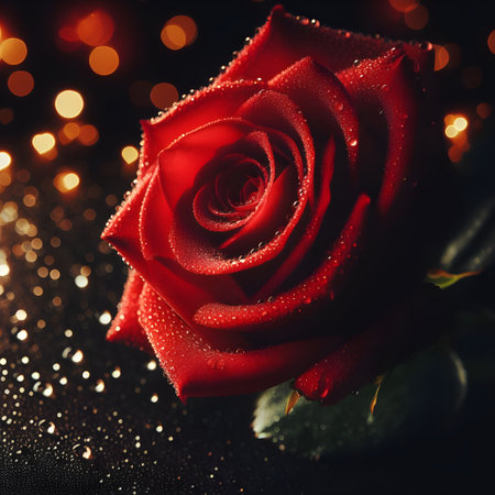 Red rose on black background with bokeh lights. Valentines day concept.の素材