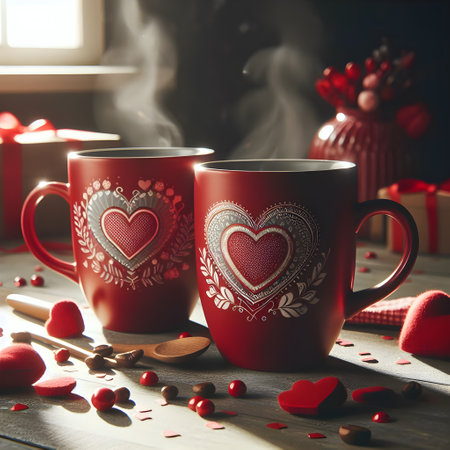 Valentine's Day background with two cups of coffee and hearts on a wooden tableの素材
