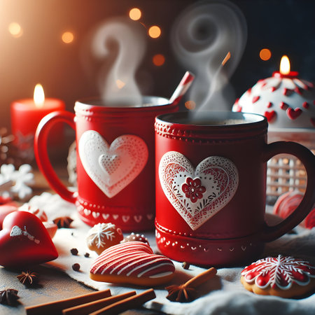 Two cups of hot chocolate with heart-shaped gingerbread cookies, cinnamon sticks and anise stars on a dark background.の素材