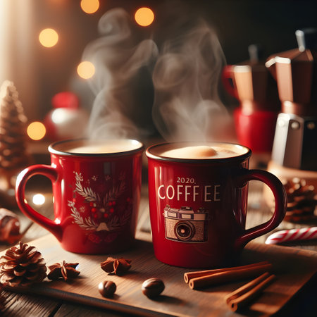 Two cups of hot coffee on wooden table with Christmas decorations and lightsの素材