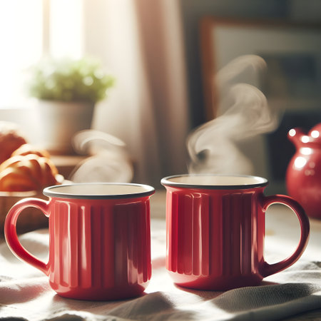Two red cups of coffee on the table in the morning light.の素材