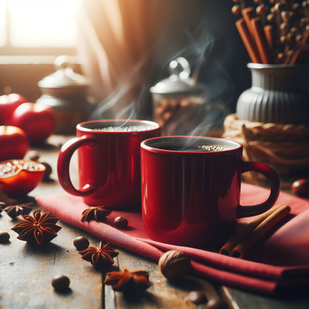 Two cups of hot coffee with cinnamon and anise on a wooden backgroundの素材
