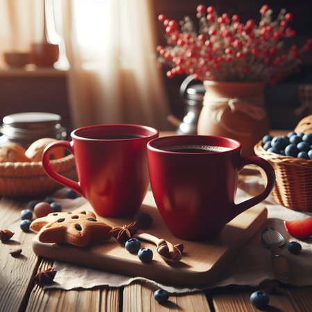 Two red cups of coffee on a wooden table with berries and cookiesの素材