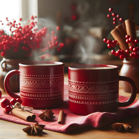 Two cups of hot drink with cinnamon, anise and rowan berriesの素材