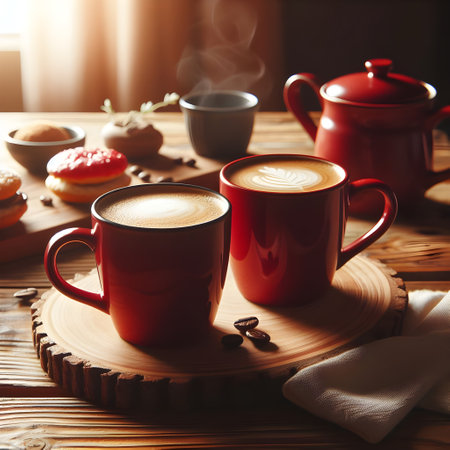 Two cups of cappuccino or latte coffee on wooden tableの素材