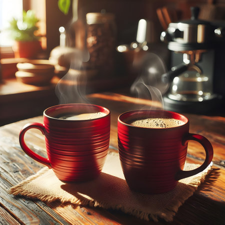 Two red cups of coffee on a wooden table in a cafe.の素材