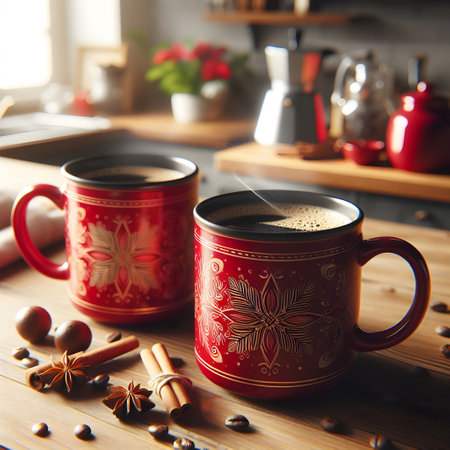 Two red cups of coffee on wooden table in kitchen at morning.の素材