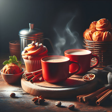Cup of coffee with orange muffins and cinnamon on wooden backgroundの素材
