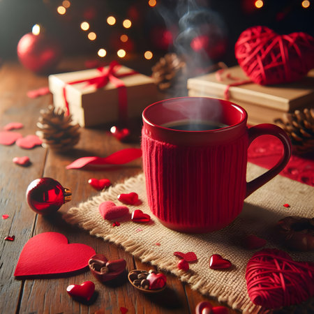 Cup of coffee with red heart and gift box on wooden backgroundの素材