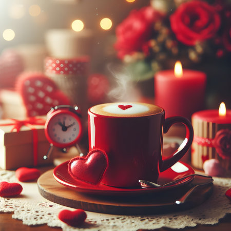 Cup of coffee with red heart shape and gift box on Valentine's Day.の素材