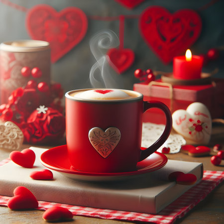 Valentine's day concept. Cup of coffee with heart shape and candlesの素材