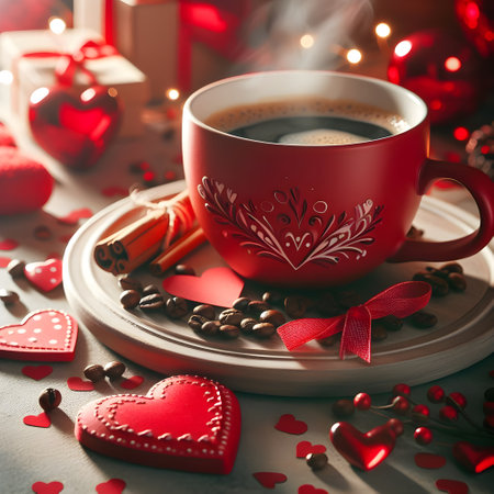 Cup of coffee with heart shape decoration and gift boxes on tableの素材