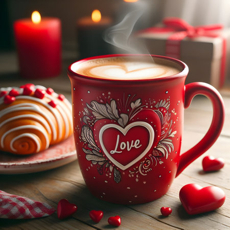 Valentine's day greeting card with cup of coffee, croissants and candles on wooden backgroundの素材