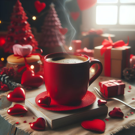 Cup of coffee with red heart shape and gift boxes on the wooden tableの素材
