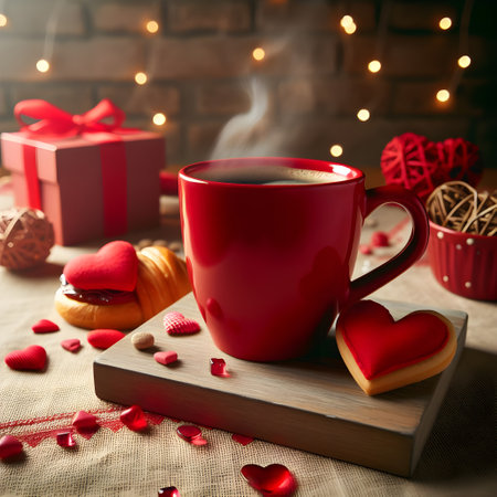 Cup of coffee with heart shaped cookies and gift boxes on wooden boardの素材