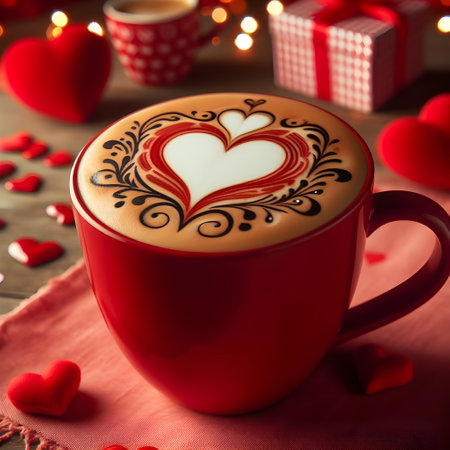 Cup of coffee with latte art on Valentine's Day.の素材