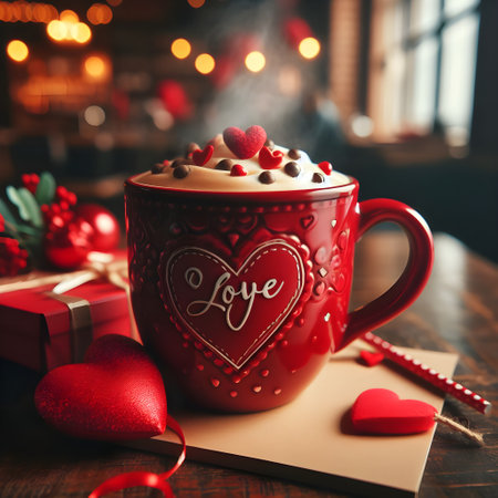 Cup of hot cocoa with marshmallow and red hearts on wooden table in room decorated for Christmasの素材