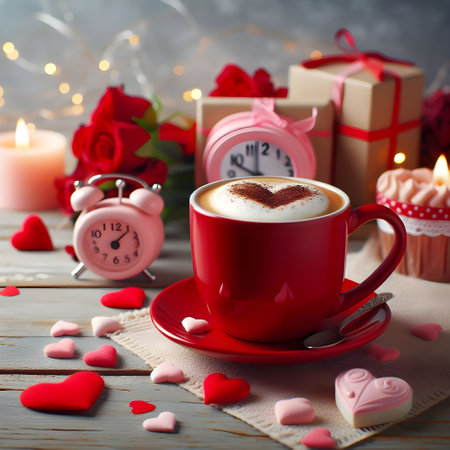 Cup of Cappuccino with heart shape and gift boxes on wooden backgroundの素材