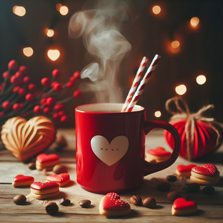 Cup of hot coffee with heart shaped cookies on wooden background.の素材