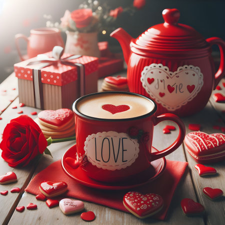 Cup of coffee with heart shaped cookies and gift box on wooden tableの素材