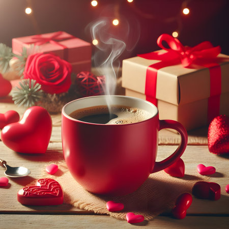Cup of coffee, gift boxes and red hearts on wooden tableの素材