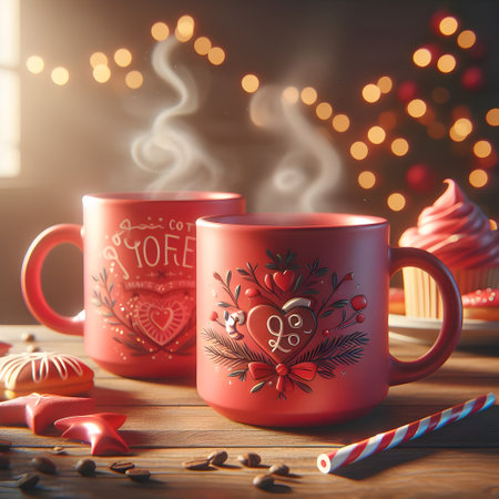 Two red cups of coffee or tea with christmas decoration on wooden background.の素材