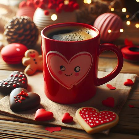 Cup of coffee and heart-shaped gingerbread cookies on wooden backgroundの素材