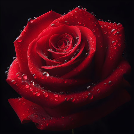 Beautiful red rose with water drops on black background, closeupの素材