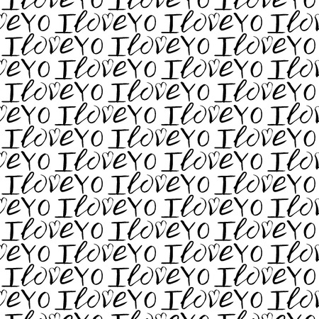 vector seamless pattern of handlettering for valentines day i love you. black letters on white background. design of lettering for love with illustration of heart. love confession. graphic printのイラスト素材