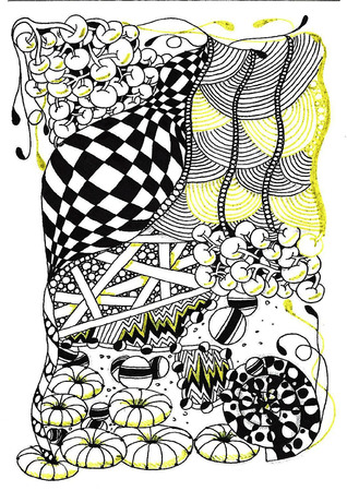 abstract drawing pattern, random set of lined elements, black and white abstraction of vertical layout, chess pattern in vector, schematic depiction of pumpkins, plants, chessboard, floral motif, ribbons, fansのイラスト素材