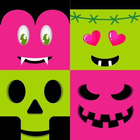 square, quadratic cute monster smiles, Funny Pink Halloween skull monster smiles, art style,EPS 10のイラスト素材