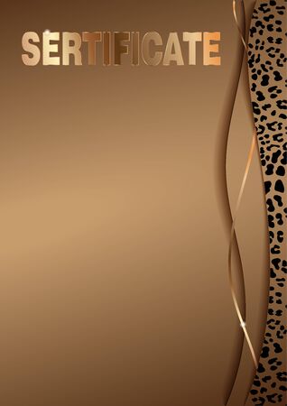Sertificate Template with Fashionable Leopard Pattern. Vector illustration. Elegant template cards with gold leopard skin print. Brown and golden texure. Vertical poster whith shine rich designのイラスト素材