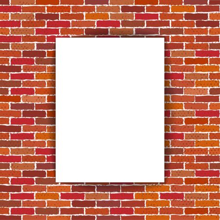 Poster Mockup. Vector illustration of a white poster hanging on a red brick wall background. White blank vertical poster mock-up on the white brick wall. template for exhibition or advertisingのイラスト素材