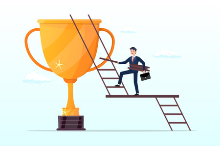Businessman building ladder of success climbing to top of champion trophy cup, building ladder to success, strategy and plan to achieve target or goal, ambitionのイラスト素材