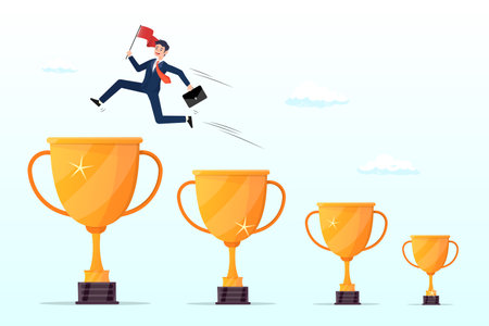 Confident businessman jumping from small win trophy to get bigger one, achievement to motivate to achieve bigger goal, strategy or inspiration to success, win awardのイラスト素材