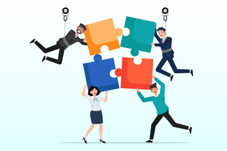 Business people team succeed solve jigsaw puzzle, collaboration work together to solve problem, teamwork unite together to achieve success, community help finding solutionのイラスト素材