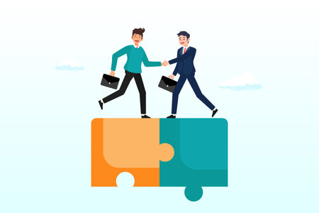 Success businessmen finish deal and handshake on jigsaw puzzle, collaborate, cooperate, partnership and agreement to help business success, together or teamwork support each otherのイラスト素材