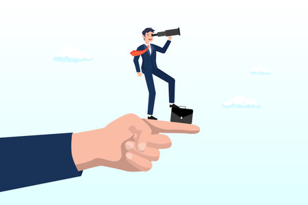 Businessman on giant pointing finger with telescope to see vision, vision to see business direction, economic forecast or future, strategy to success or business objective, careerのイラスト素材