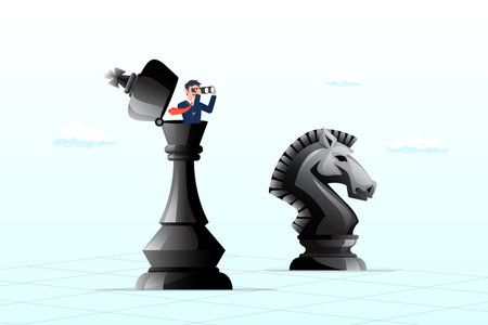 Businessman leader open chess king with binocular to look ahead, success strategy, plan ahead to win business competition, leadership vision or looking for opportunity, competitorのイラスト素材