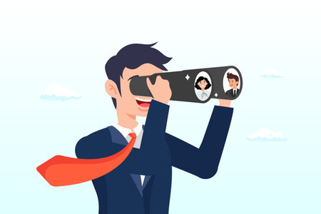 Businessman HR look through binoculars to find candidate people, searching for candidate, Human Resources find people to fill in job vacancy, finding customer, career opportunityのイラスト素材