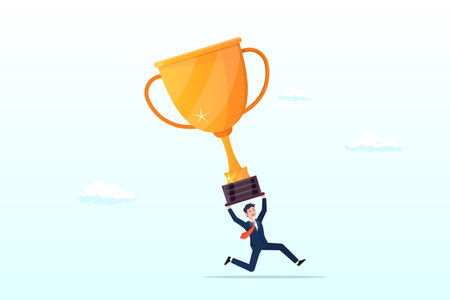 Confidence businessman entrepreneur carrying big winner trophy, big success or achievement, winning large business scale or challenge and effort to win awardのイラスト素材