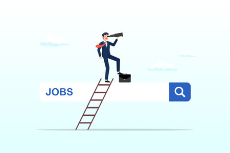 Businessman climb up ladder of job search bar with binoculars to see opportunity, looking for new job, employment, career or job search, find opportunity, seek for vacancy or workのイラスト素材