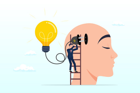Businessman climb up ladder to plugin creative light bulb into his brain head, creativity and idea thinking, brainstorm for solution, imagination or innovation to create new ideaのイラスト素材