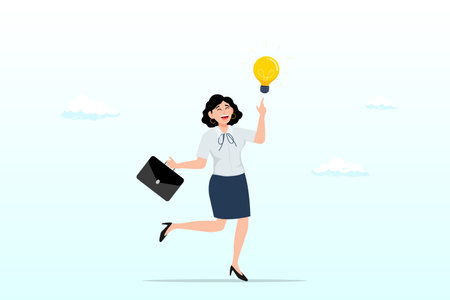 Businesswoman got new idea light bulb in her hand, thinking about idea, solution or strategy planning, career or occupation, expertise or professional to solve problemのイラスト素材