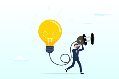 Smart leader businessman connect electricity to light up idea light bulb lamp, problem solving idea, invent new innovation or thinking about new business ideaのイラスト素材