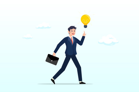 Businessman holding suitcase thinking, got bright light bulb lamp on his finger, business idea, businessman company leader got solution to solve business problemのイラスト素材